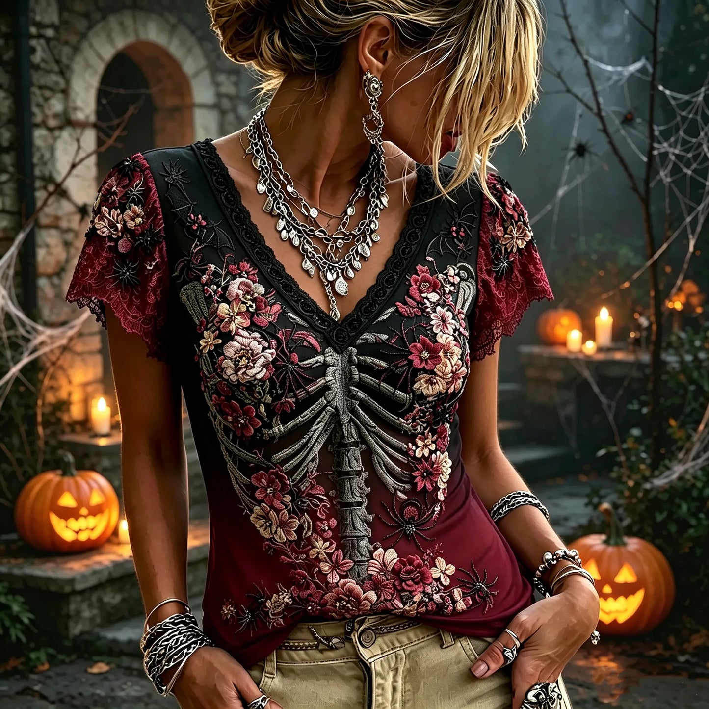 Gothic Burgundy Skeleton Floral Lace Halloween Dark Romance Blouse
