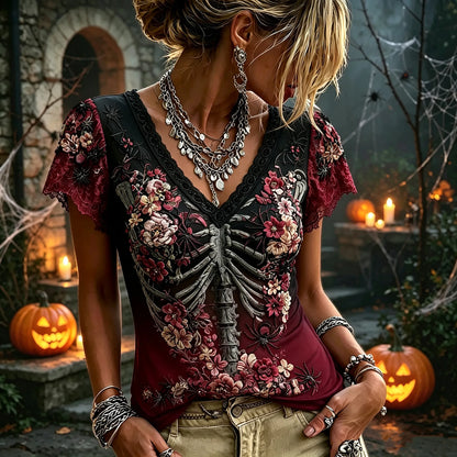 Gothic Burgundy Skeleton Floral Lace Halloween Dark Romance Blouse
