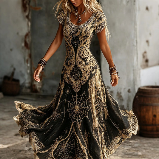 Women's Vintage Spider Web Art V-neck Short Sleeve Casual Maxi Dress