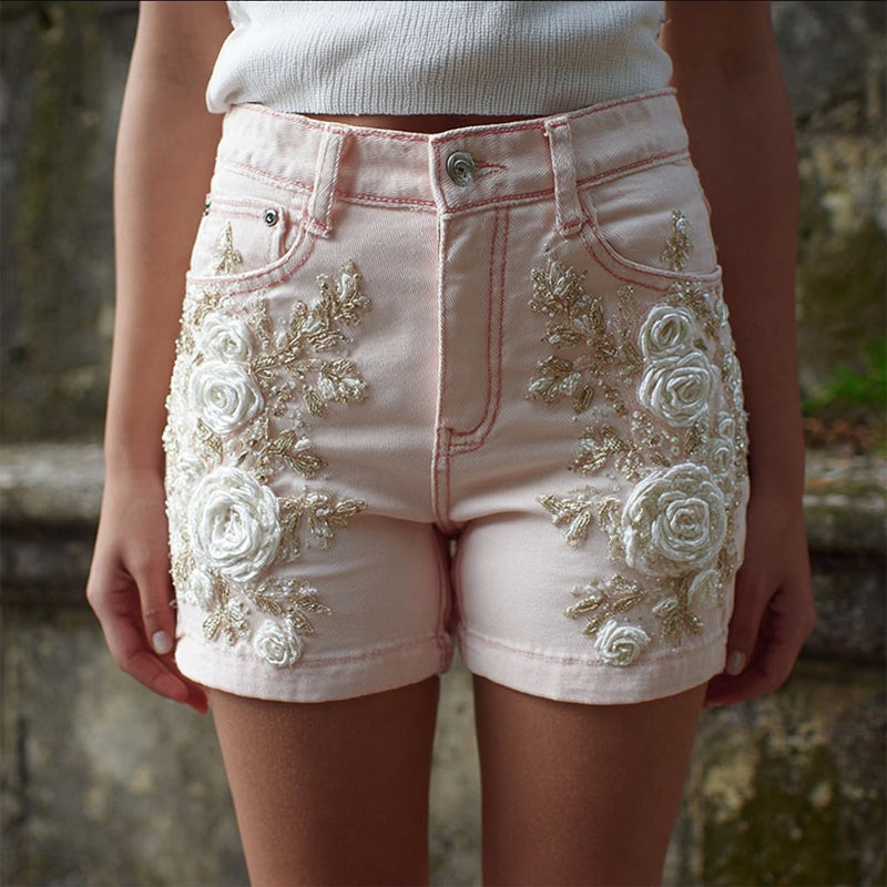 Vintage White Roses Embroidered Pink Denim Shorts