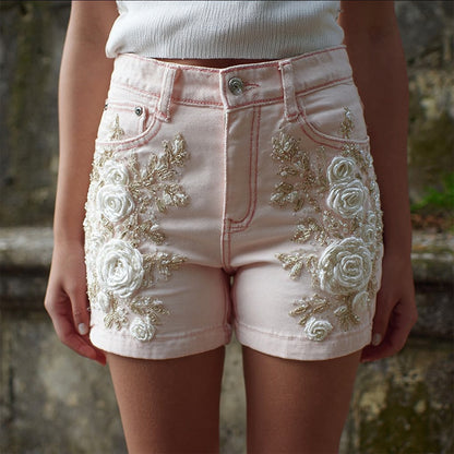 Vintage White Roses Embroidered Pink Denim Shorts