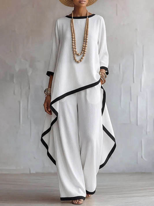 Stylish Cotton-linen Two-piece Set With Elegant Color-contrast Trim