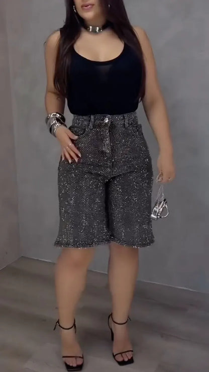 Washed Rhinestone Denim Bermuda Shorts