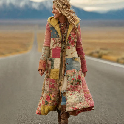 Women's Vintage Patchwork Floral Art Cozy Knit Hooded Long Cardigan