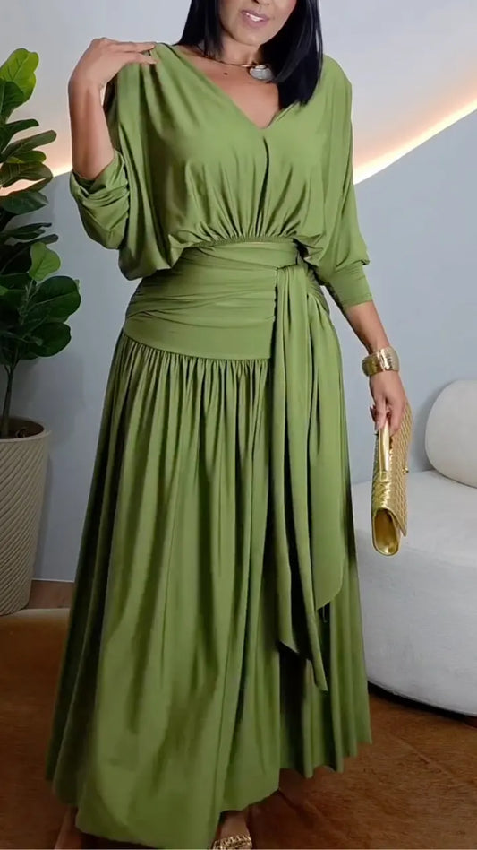 Draped V‑Neck Top & Ruched Pleated Maxi Skirt Co‑Ord Set