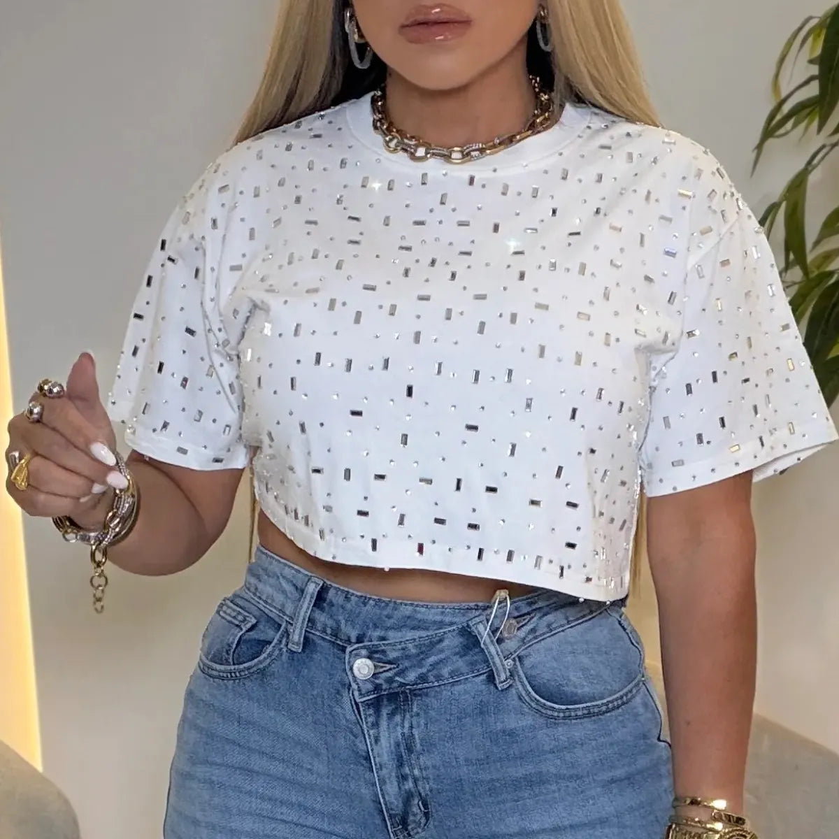Sparkle Rhinestone Short Sleeve Cropped Knit Top