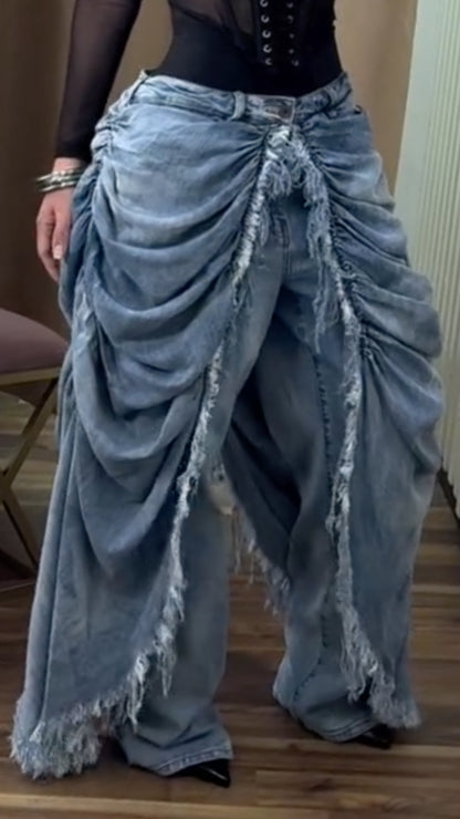 Light Wash Ruched Fringe Wide Leg Denim Pants