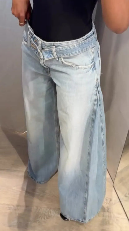 Wash Asymmetrical Waist Wide Leg Jeans