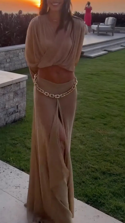 Wrap Crop Top & Wide Leg Pants Two Piece Set
