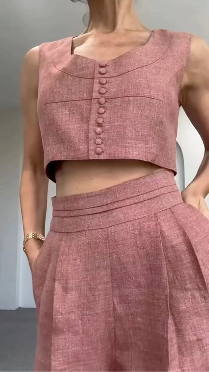Linen Crop Top & High-Waisted Pants Set