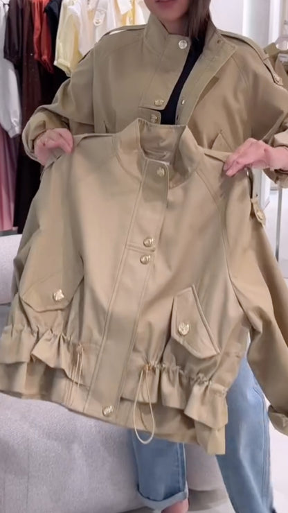 Beige Drawstring Waist Utility Jacket