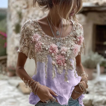 Women's Pink Rose Embroidery Art Round Neck Short Sleeve Linen Blend T-shirt