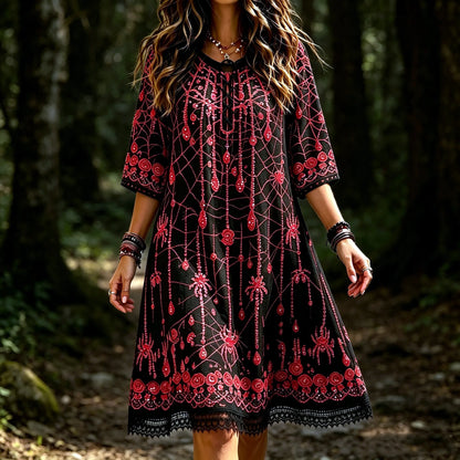 Women's Vintage Halloween-style Rose And Spider Embroidered Print Dress