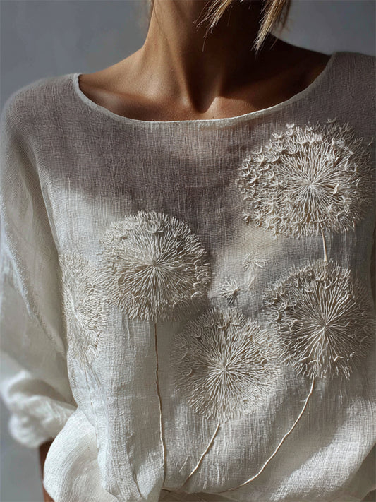 Classy Dandelion Embroidered Flowy Linen Tunic