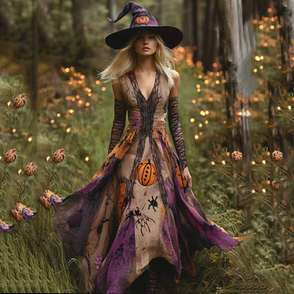 Halloween Themed Tie-dye Ombre Pumpkin Spider Embroidered Beaded Witch Maxi Dress