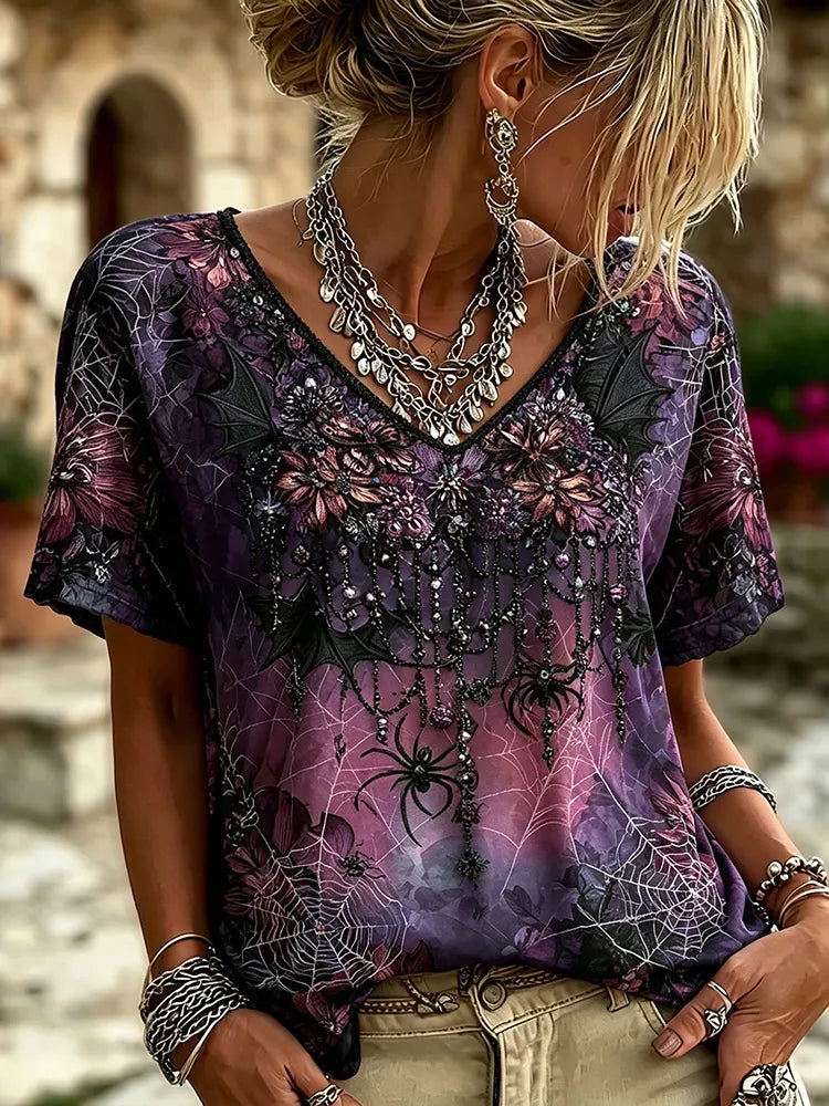 Ombre Purple Spider Bat Web Floral V Neck Short Sleeve Women Witchy Gothic Halloween Blouse