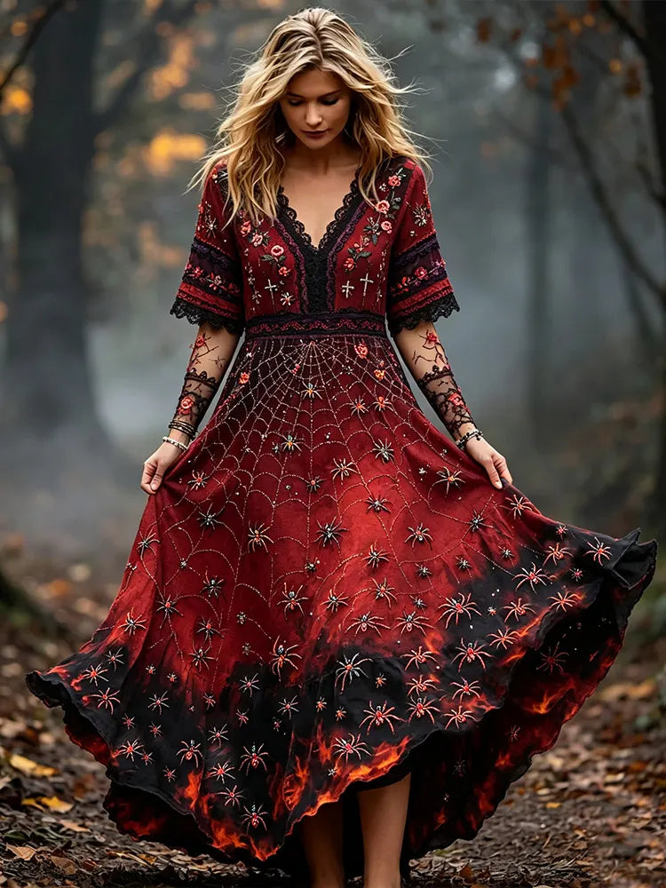 Vintage Halloween Spider And Rose Rhinestone V-neck Short Sleeve A-line Dress