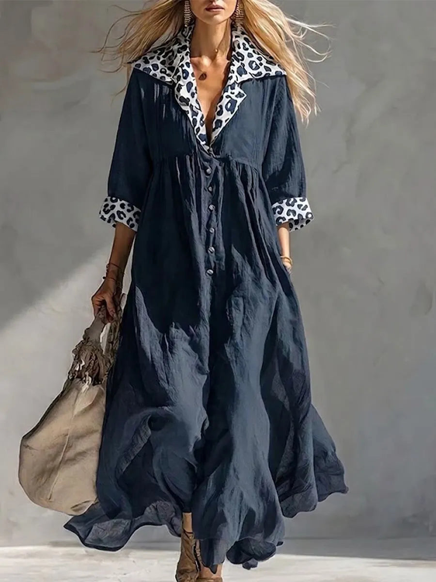 Retro-resort Style Linen Maxi Dress: V-neck, Button-front, High-waisted With Pleats, Featuring Leopard-print Panels On The Collar And Cuffs; Flattering Fit