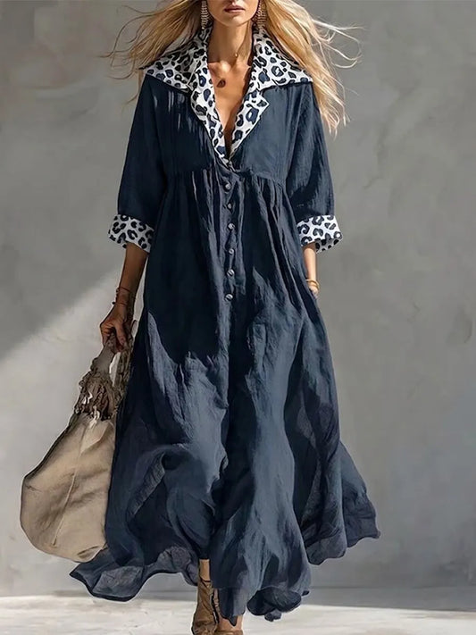 Retro-resort Style Linen Maxi Dress: V-neck, Button-front, High-waisted With Pleats, Featuring Leopard-print Panels On The Collar And Cuffs; Flattering Fit
