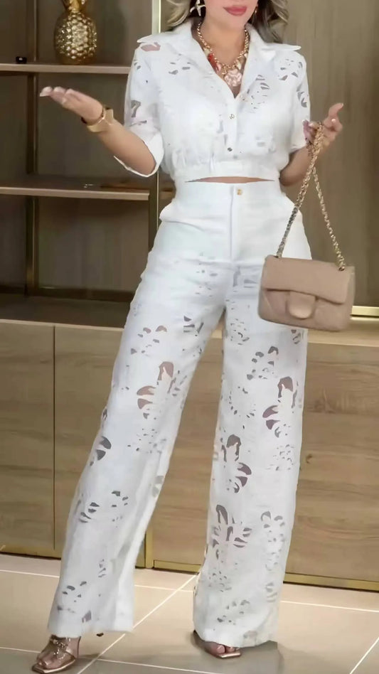 Cutwork Lace Crop Shirt & Wide‑Leg Pants Co‑Ord Set