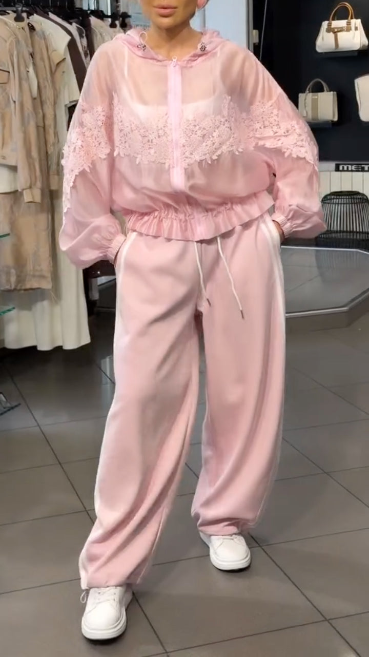Pink Sheer Lace Trim Two-Piece Tracksuit