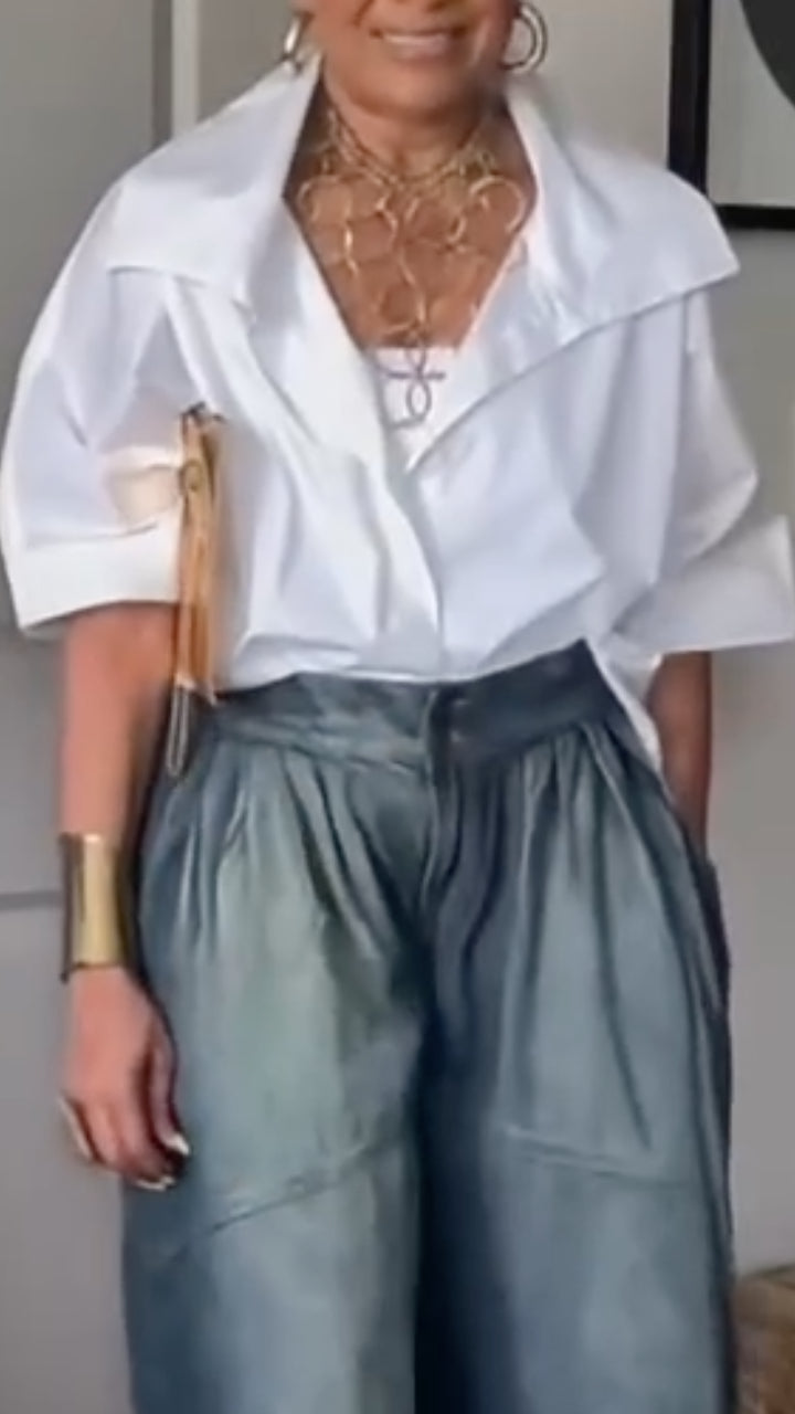 White Oversized Shirt & Denim Wide Leg Pants Set
