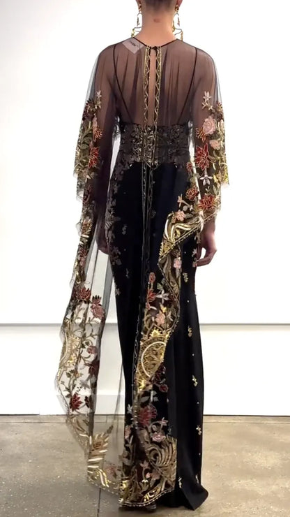 Black Embroidered Maxi Evening Gown