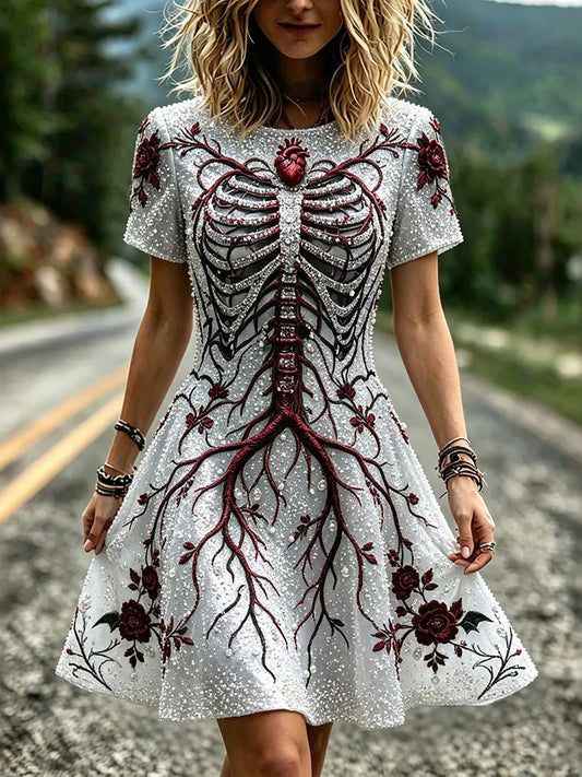 Women's Retro Halloween Skeleton And Bloodline Pattern Round Neck Short Sleeve Dress