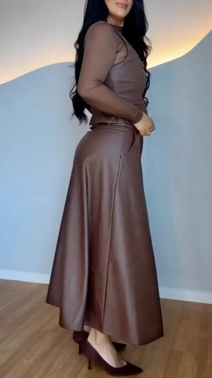Brown Faux Leather Vest & A‑Line Midi Skirt Co‑Ord Set