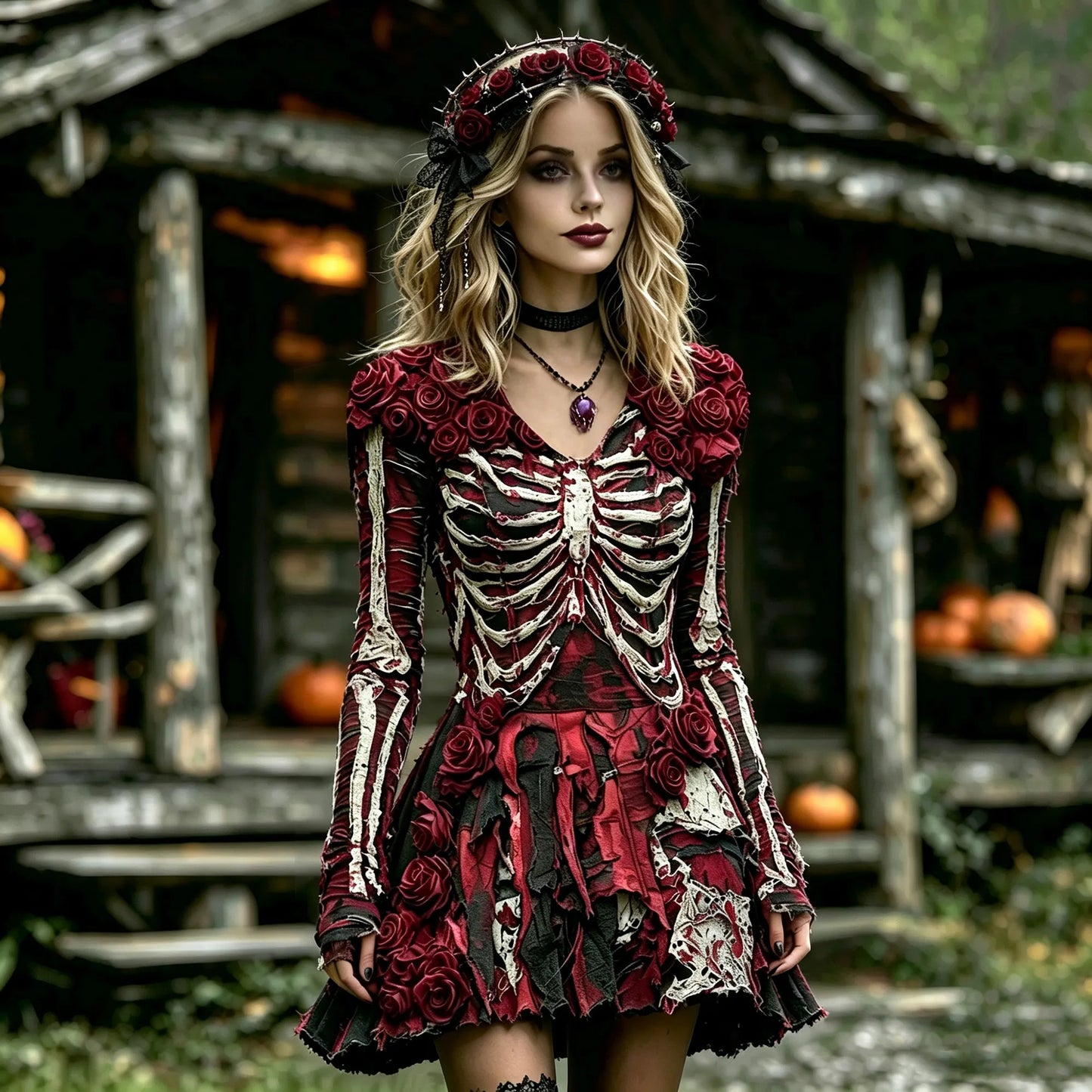 Halloween Gothic 3d Rose Dark Grunge Skeleton Distressed Mini Dress