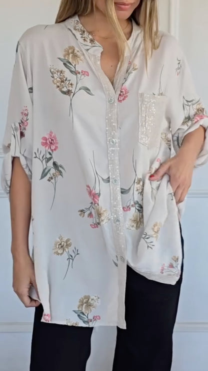 Women's V-Neck Casual Top with Print, Sequins, and Contrast Splicing