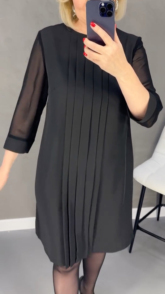 Black Pleated Sheer Sleeve Shift Dress
