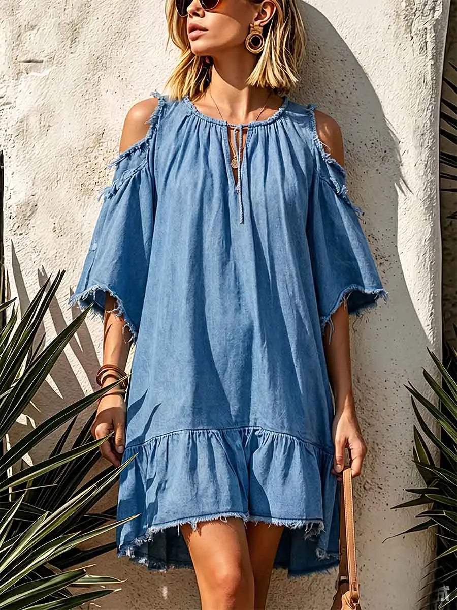 Women's Casual Loose A-line Denim Dress With Round Neck And 3/4 Sleeves