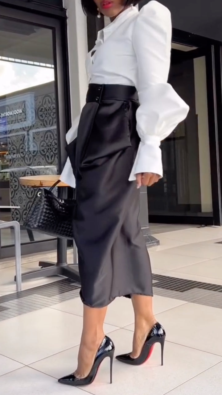 White Puff Sleeve Shirt & Black Draped Skirt Set