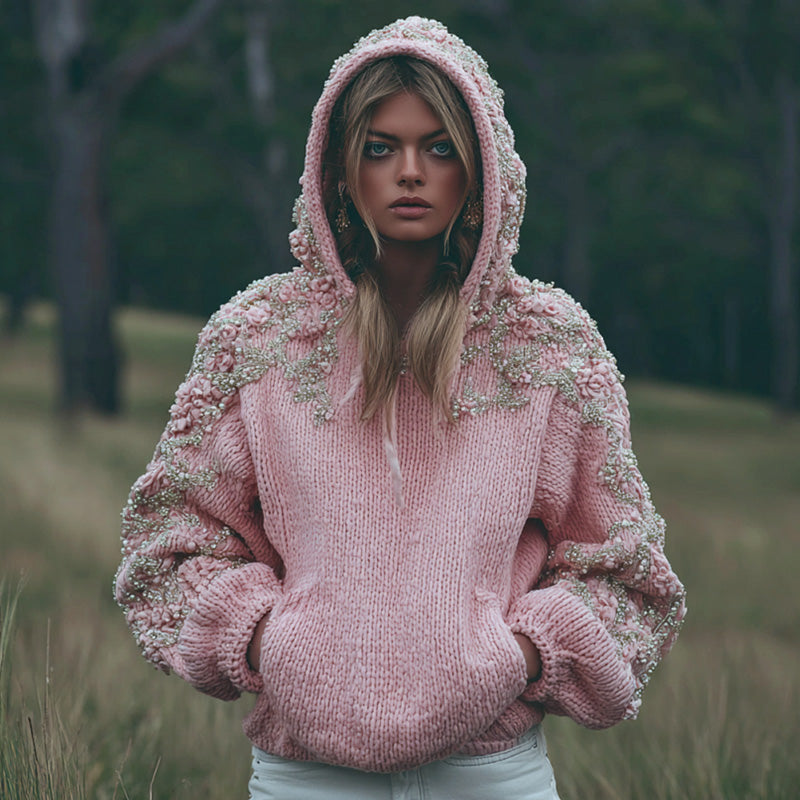 Women's Pink Flower Embroidery Art Long Sleeve Hoodie Sweater