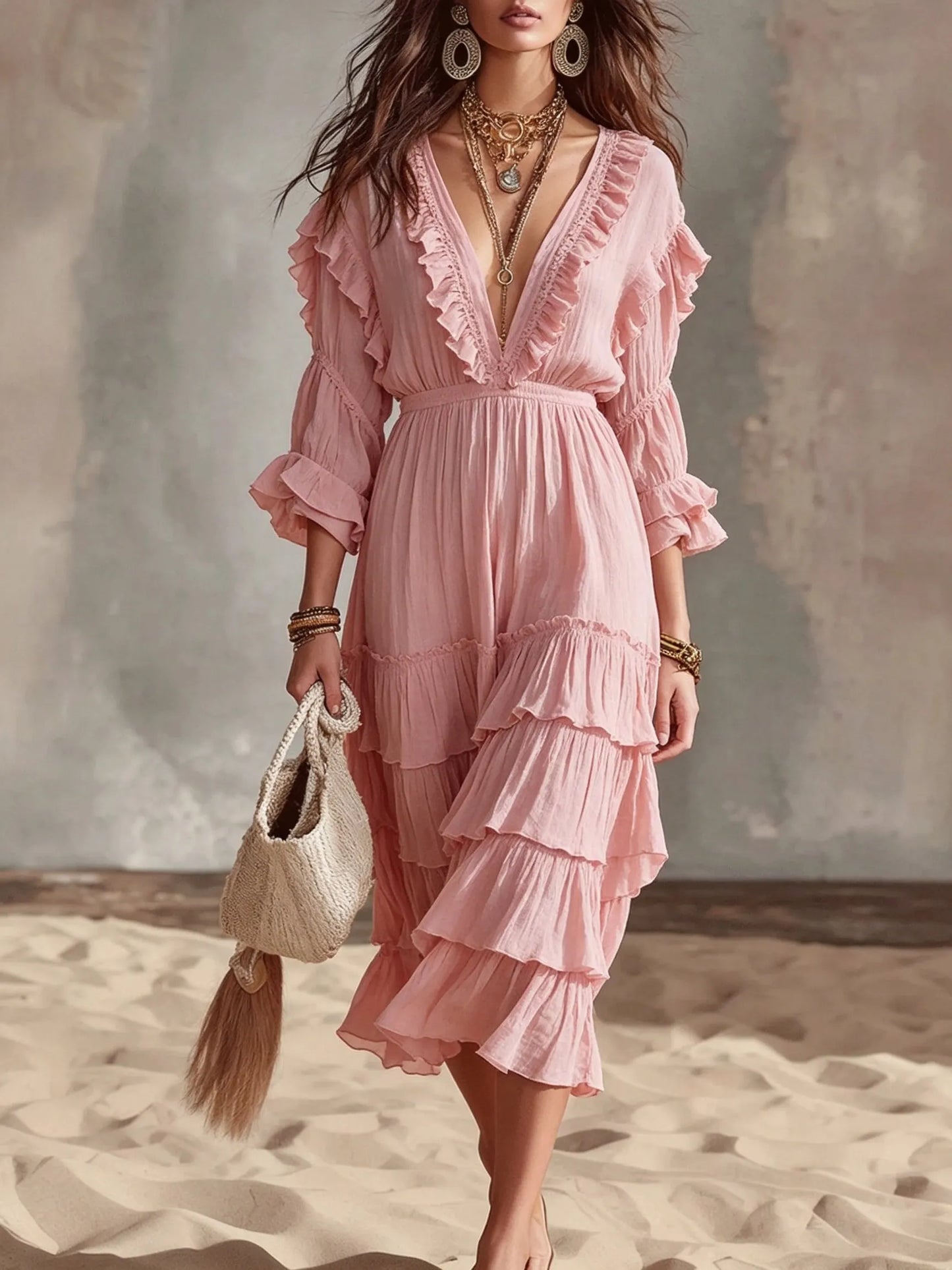 Women's Deep V-Neck Tiered Ruffle Midi Dress