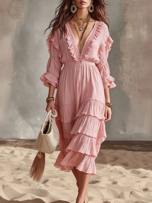 Women's Deep V-Neck Tiered Ruffle Midi Dress
