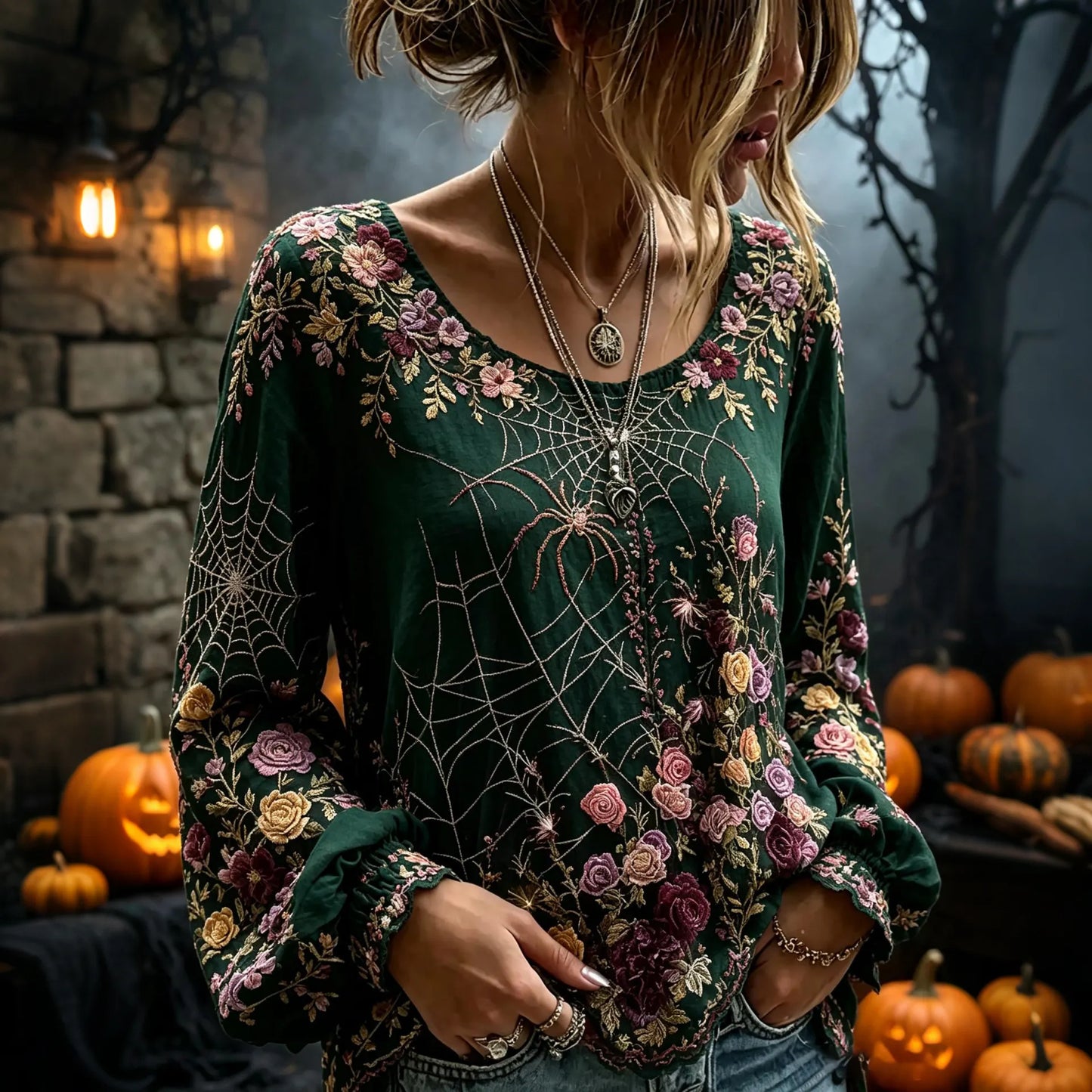 Women's Flowers Spider Web Art Print Flowy Linen Blend Long Sleeve Casual Tops