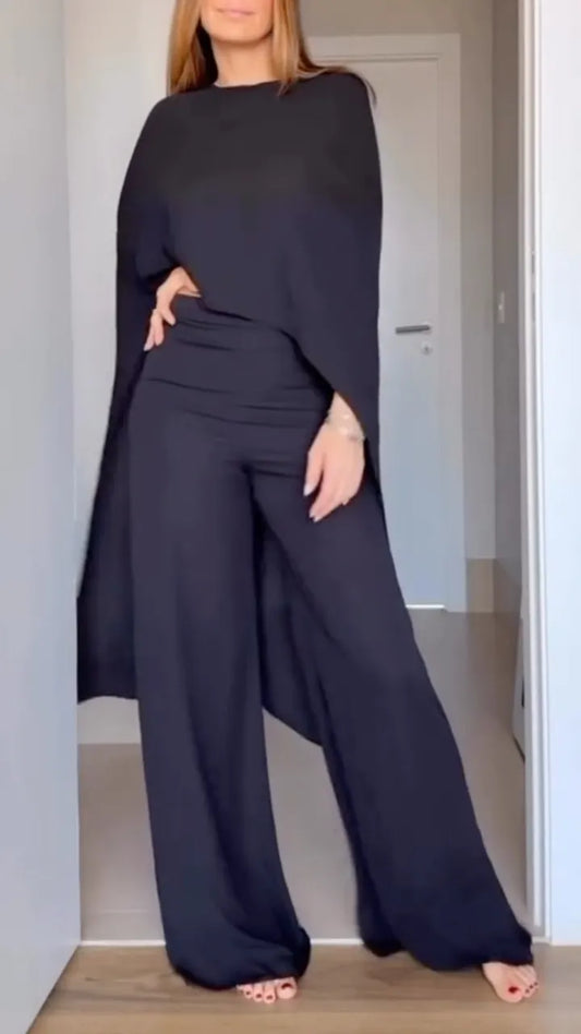 Black Cape Sleeve Draped Top Wide Leg Pants Set