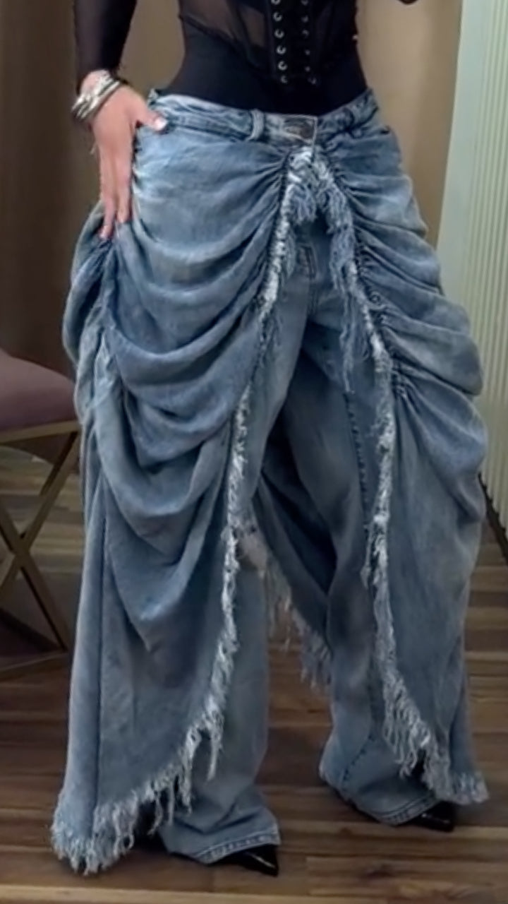 Light Wash Ruched Fringe Wide Leg Denim Pants