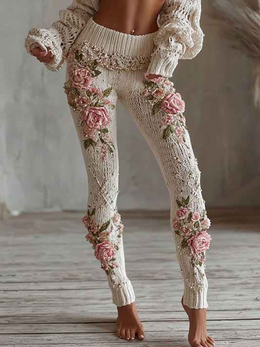 Women's Vintage Pink Floral Art Cozy Knit Leggings