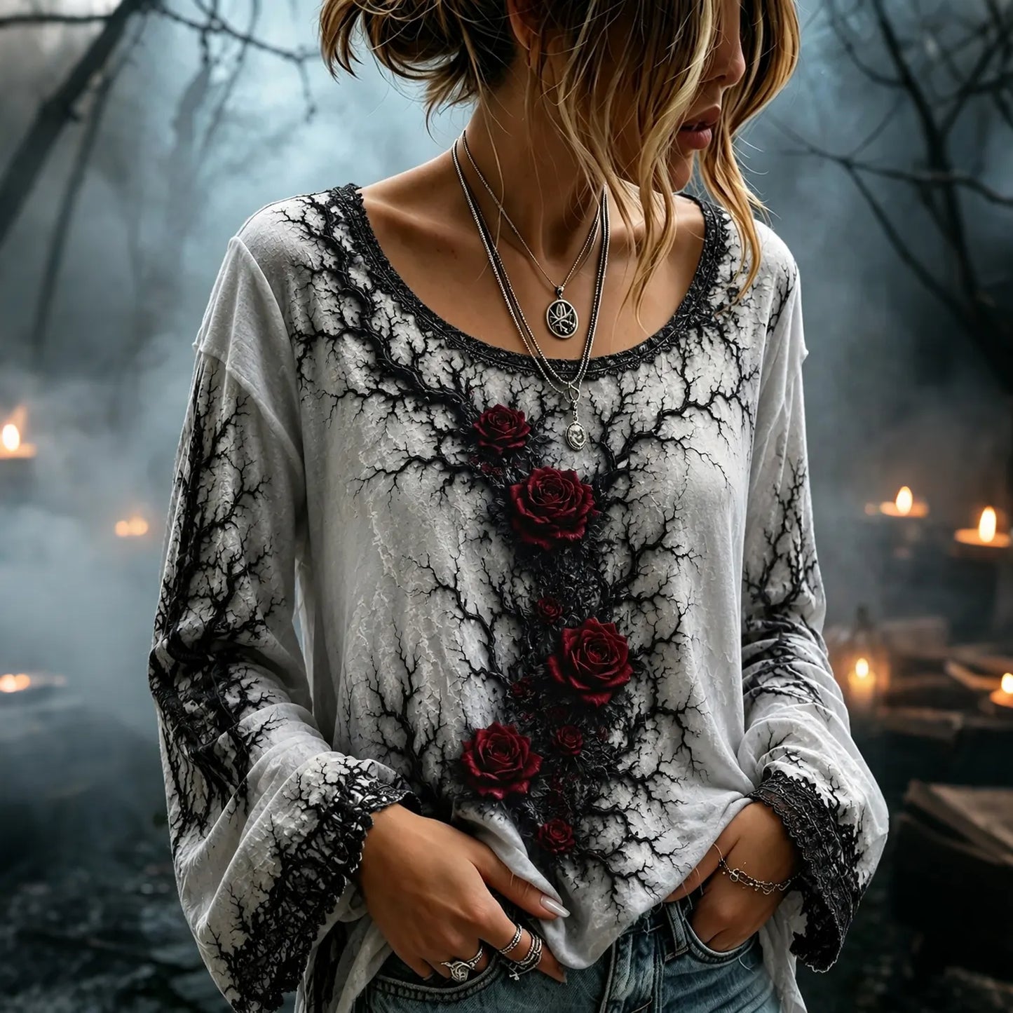 Women's Retro Halloween Rose Art Crew Neck Long Sleeve Top