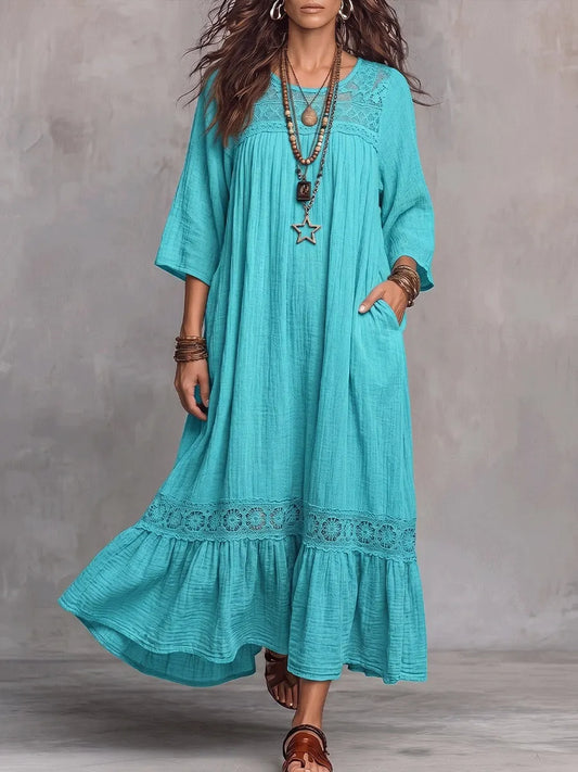 Vintage Elegant Cotton-Linen Cut-Out Lace Paneling Dress