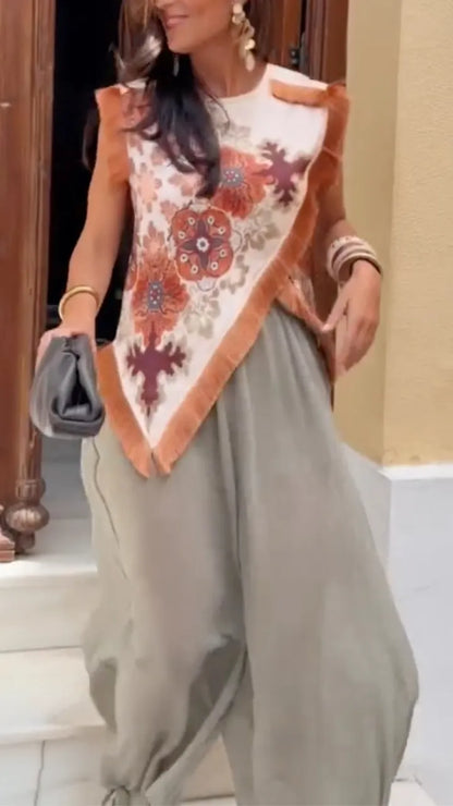 Boho Floral Fringe Asymmetric Top