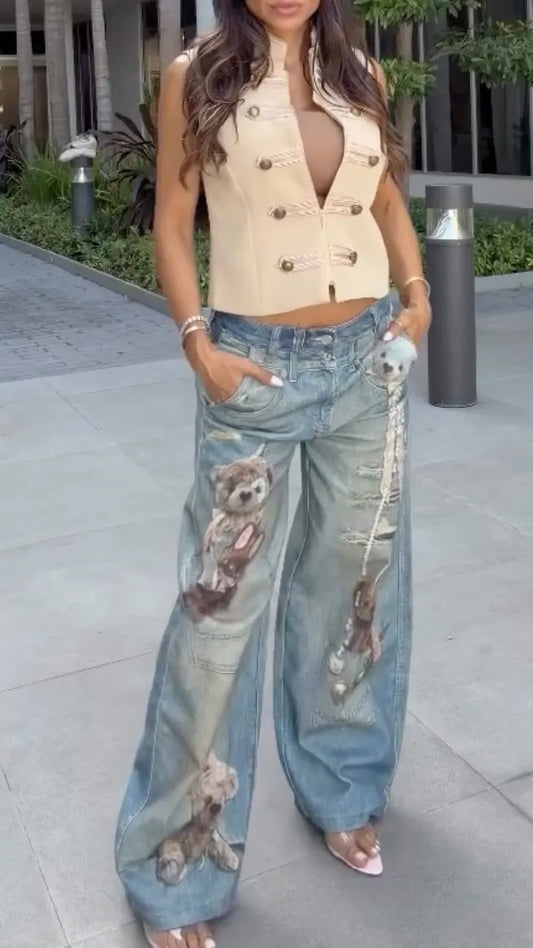 Stand Collar Sleeveless Waistcoat & Teddy Bear Print Wide Leg Jeans