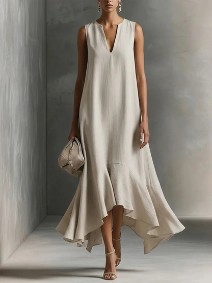 Green Faux Cotton-linen V-neck Sleeveless Maxi Dress