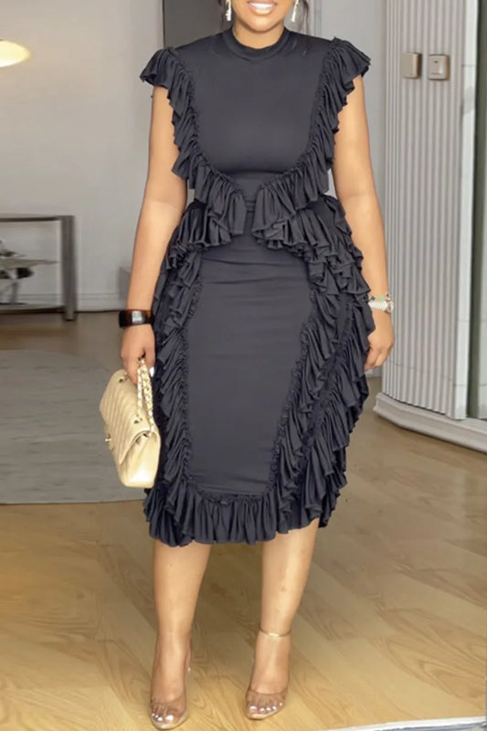 Black Ruffle-Trimmed Midi Dress