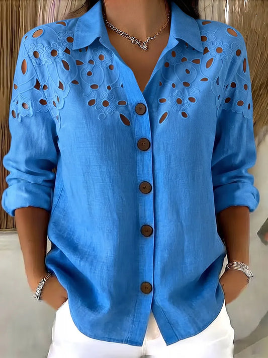 Blue Cut-out Lace Cotton-linen Shirt