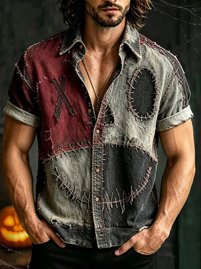 Men's Retro Halloween Scared Specter Face Patchwork Art Casual Shirt