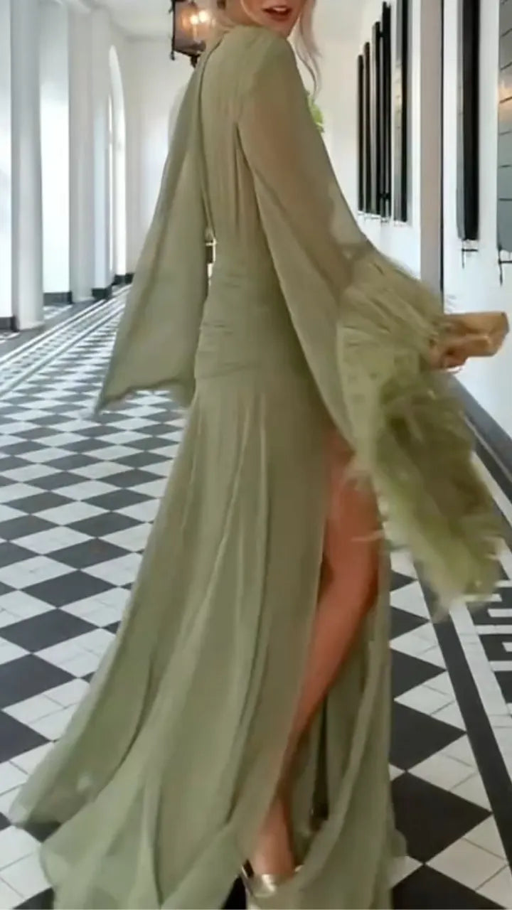 Olive Green Choker Neck Maxi Dress